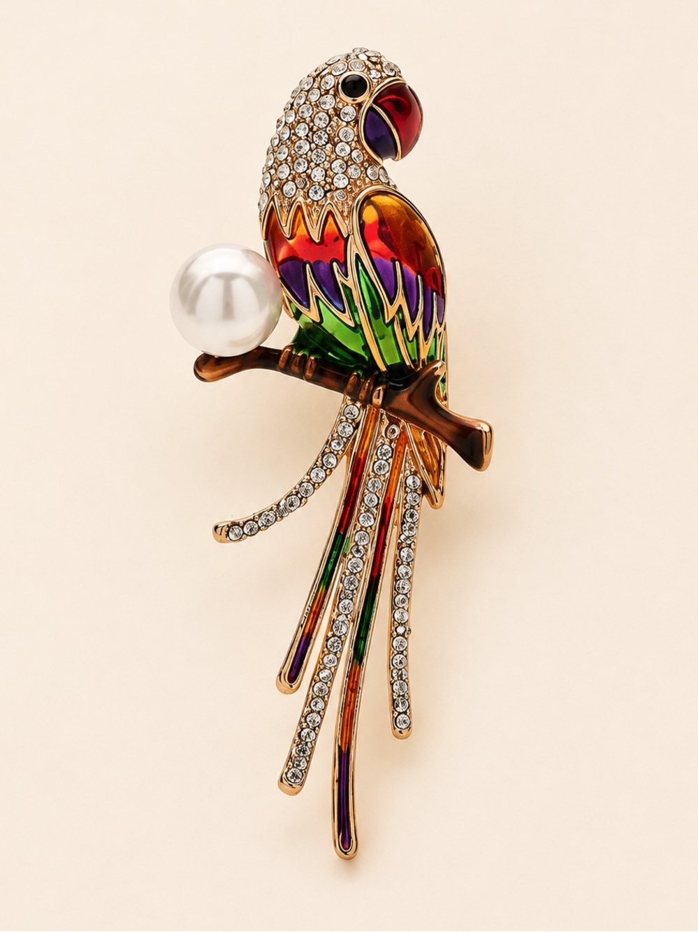 Exotic Tropical Parrot Jeweled Crystal Pearl Brooch